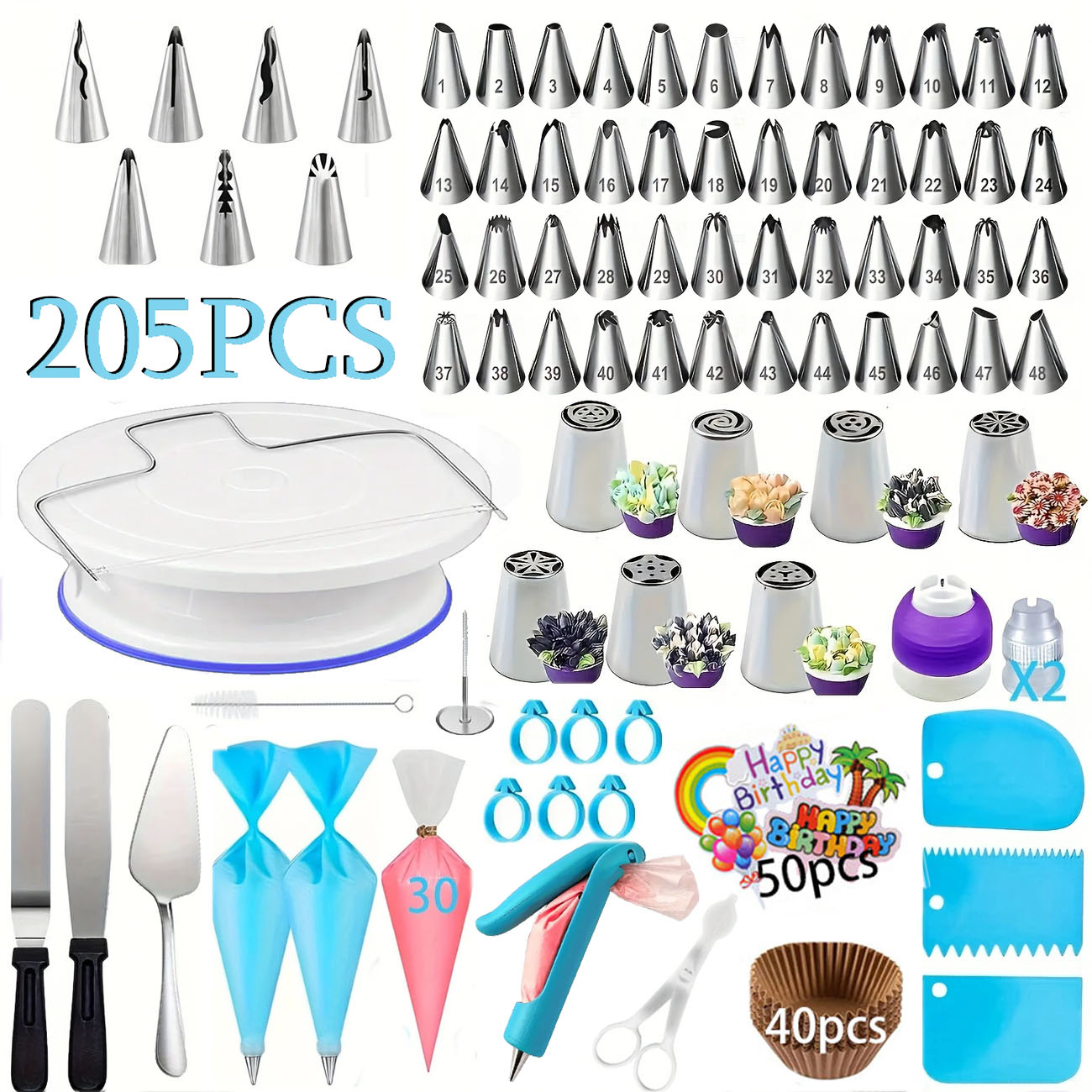 Fondant Smoother Set - 205-teiliges professionelles Kuchendekorations-Set – Piping-Düsen, Drehteller,